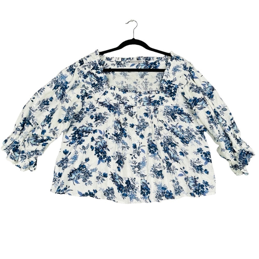 Cupcakes and Cashmere Floral Toile Linen Blend Cottagecore Feminine Blouse  Sz M